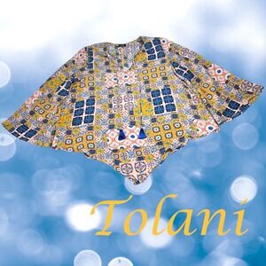Tolani x Nicky Hilton 100% Silk Salerno Tassel Boho Tunic Blouse Blue & Yellow M
